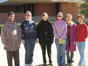 Anil Waghe, Sunny Castleberry, Liz Butler, Becky Hanoch, Xingdong Zhu, and Hongbo Shao outside Carson Engineering Center (December 2003).  Photo by James Castleberry.